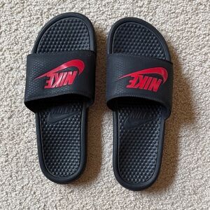 Nike Black Slides with Red Swoosh Logo